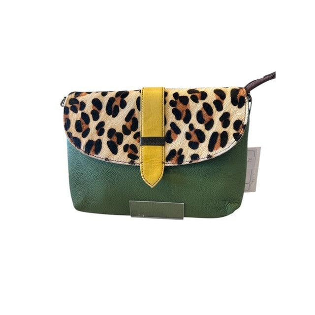 Soruka - Dark Green and Animal Print Leather Shoulder/Crossbody Bag with Wrist Strap (047910P)