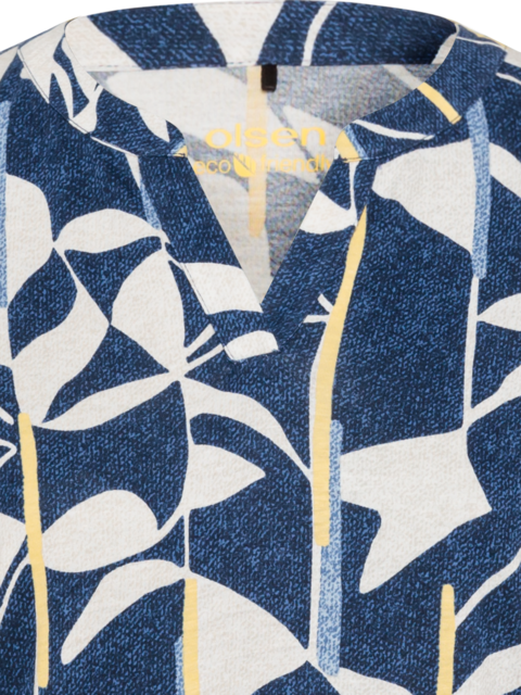 Olsen - Clara - Round Neck with Short V Slit 3/4 Sleeves in a Blue/White Print (11105021)