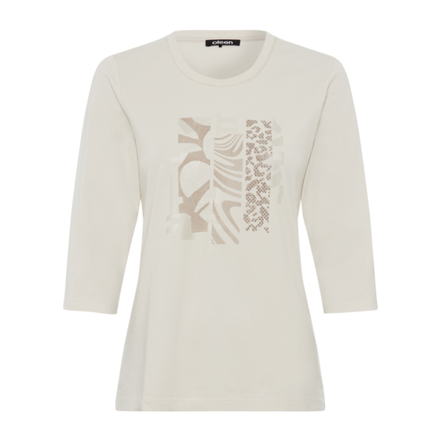 Olsen - Edda - Cotton Round Neck 3/4 Sleeve T Shirt i Caffe Latte  (11105175)