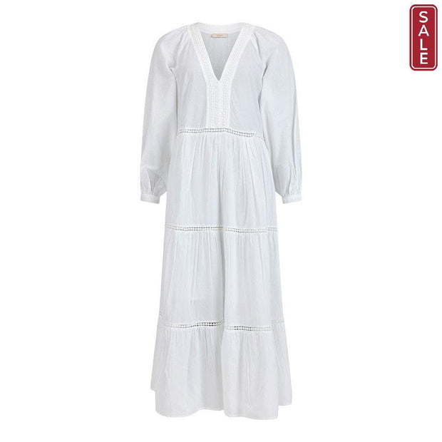 GOMAYE - Tiered V neckline cotton Maxi Dress in White