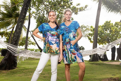 Orientique - Santorini - Easy Fit Organic Cotton Dress in Blues (20058)