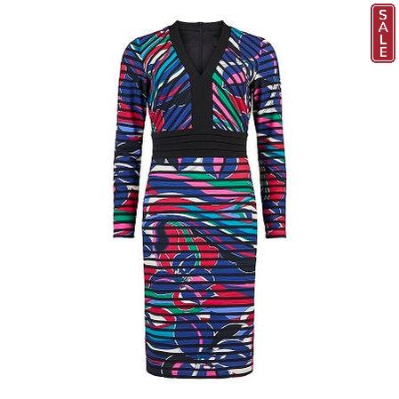 Tia - Long Sleeve V Neck Multi-Coloured Cocktail Dress