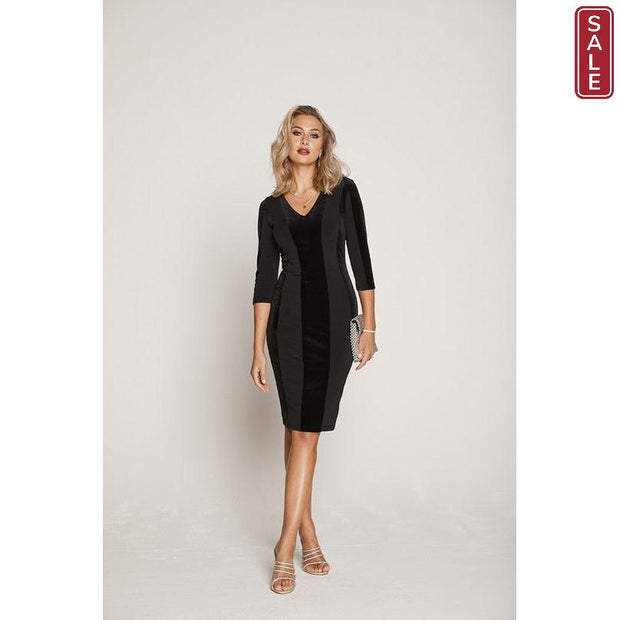 Tia -3/4 Sleeve V Neck Black Striped Cocktail Dress
