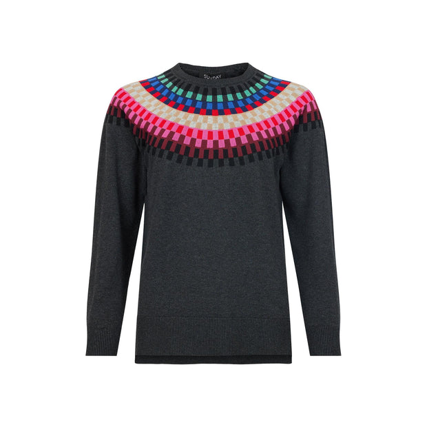 Sunday - Round Neck Jumper with Bright Multi Coloured Fairisle Design (6597-6317)