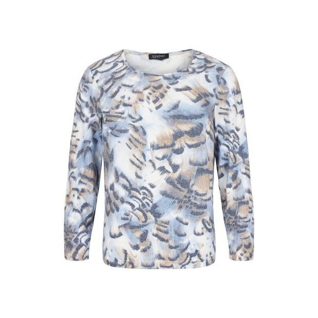 Sunday - Round Neck Long Sleeve Fine Knit Jumper a Bold Brush Strokes Print (6779-6384)