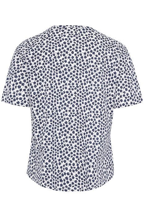 Part Two - CurliaPW Short Sleeve V Neck T Shirt in White with Navy Flowers