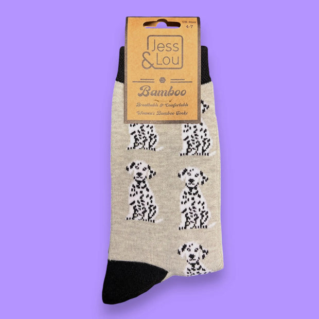 Jess & Lou - Light Grey with Dalmation Dogs Ladies Bamboo Socks (BW161)