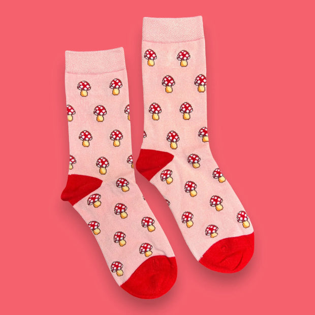 Jess & Lou - Pink with Red Mushrooms Ladies Bamboo Socks (BW190)
