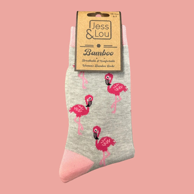 Jess & Lou - Light Grey & Pink Flamingo Ladies Bamboo Socks (BW240)