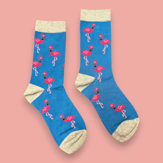 Jess & Lou - Blue & Pink Flamingo Ladies Bamboo Socks (BW241)