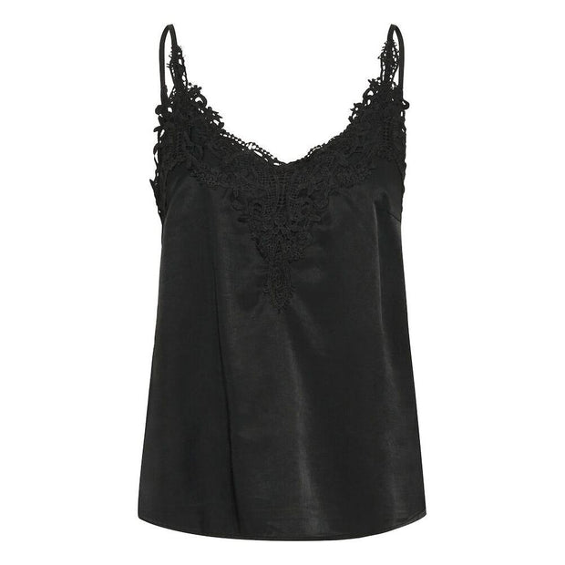 CREAM - Anna - Sleeveless V Neck Vest Top with Lace Detail in Black (10611224)