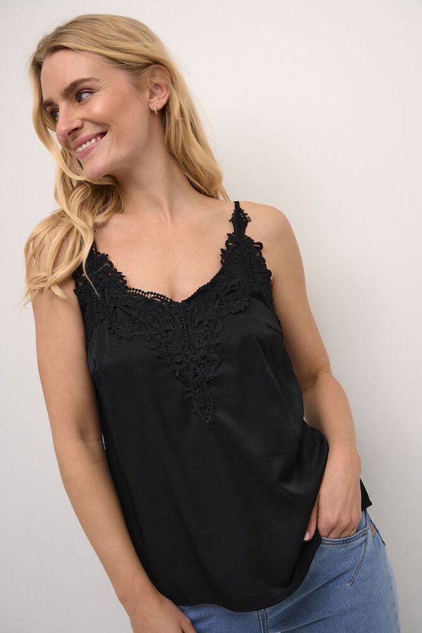 CREAM - Anna - Sleeveless V Neck Vest Top with Lace Detail in Black (10611224)