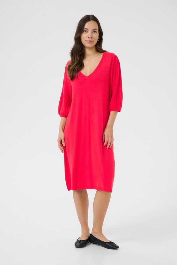 CREAM - CRVillea V Neck Knee Length Knitted Dress in Red