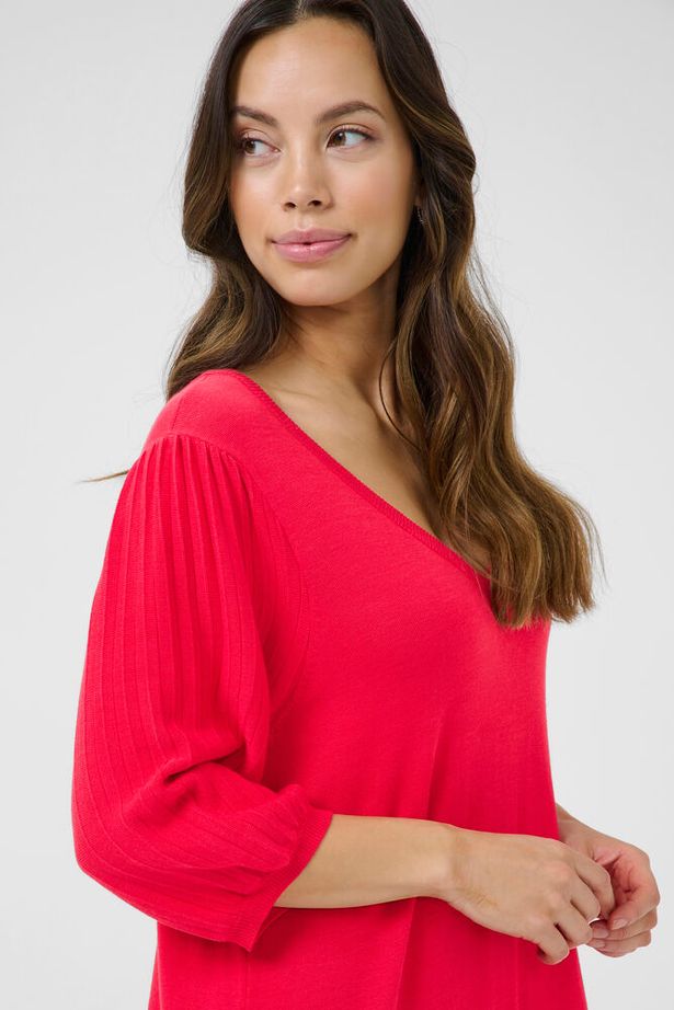 CREAM - CRVillea V Neck Knee Length Knitted Dress in Red