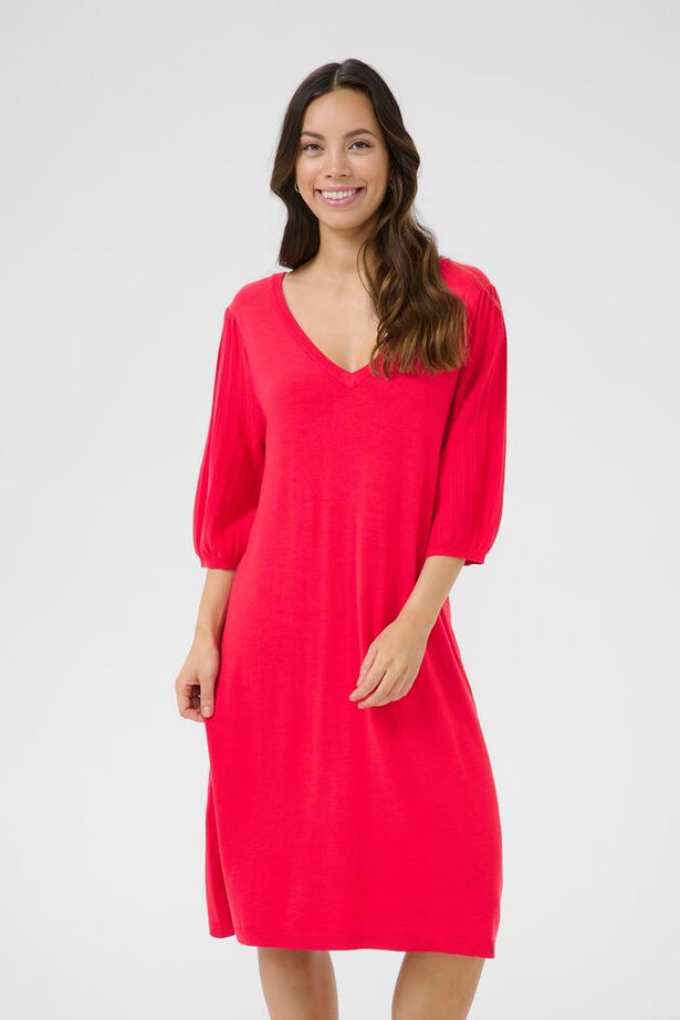 CREAM - CRVillea V Neck Knee Length Knitted Dress in Red