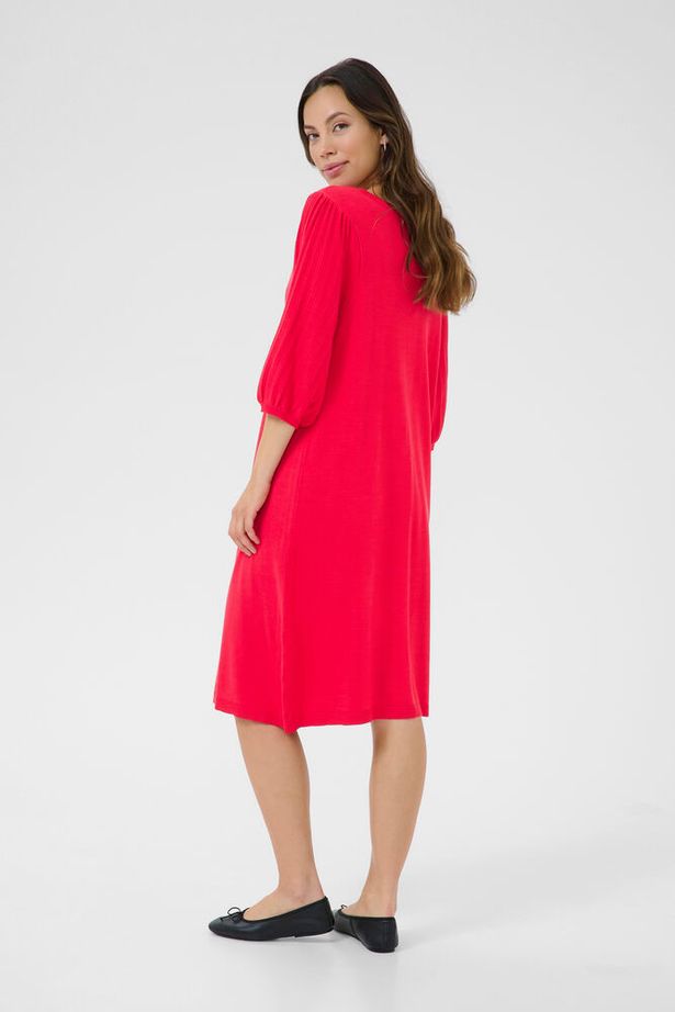 CREAM - CRVillea V Neck Knee Length Knitted Dress in Red