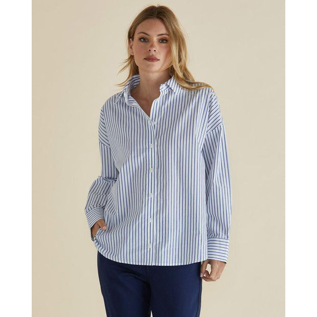 Betty Basics - Artemis - Ladies Blue and Silver Stripe Oversized Cotton Shirt