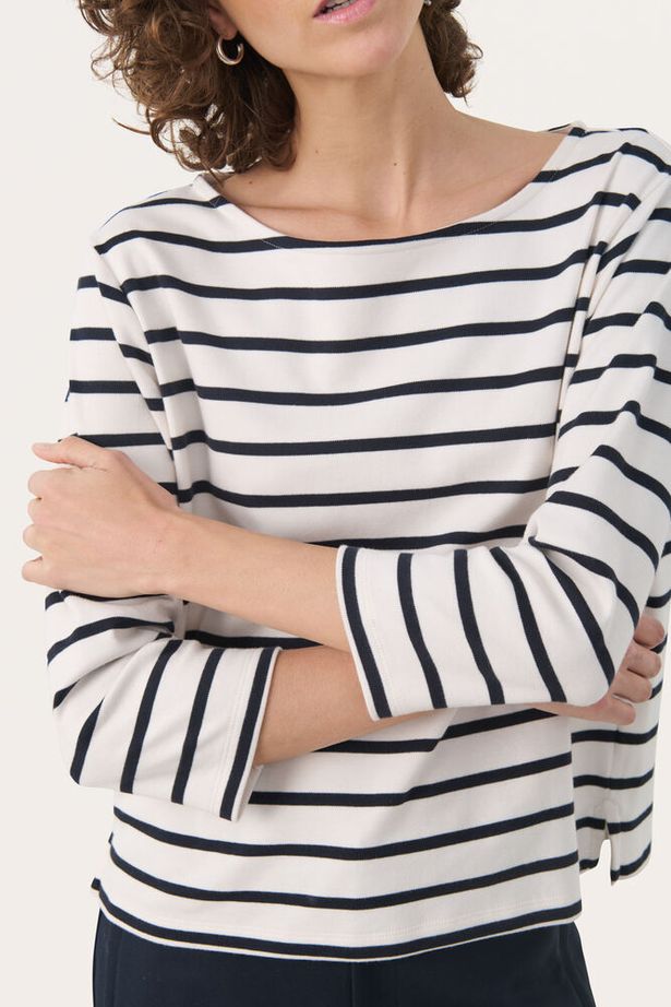 Part Two - NelaPW 3/4 Sleeve Round Neck Stripe Organic Cotton Top