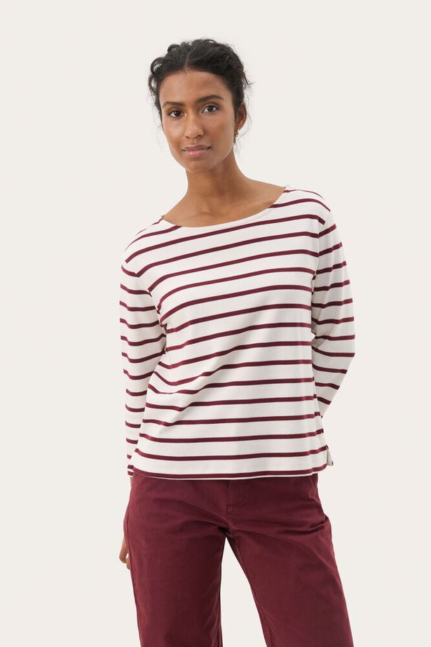 Part Two - NelaPW 3/4 Sleeve Round Neck Stripe Organic Cotton Top in Tawney Port