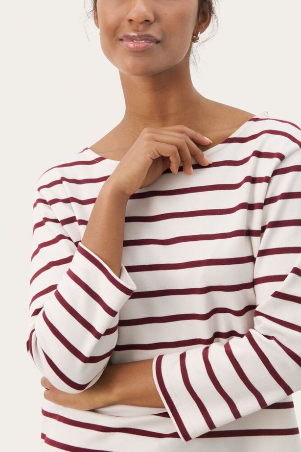 Part Two - NelaPW 3/4 Sleeve Round Neck Stripe Organic Cotton Top in Tawney Port