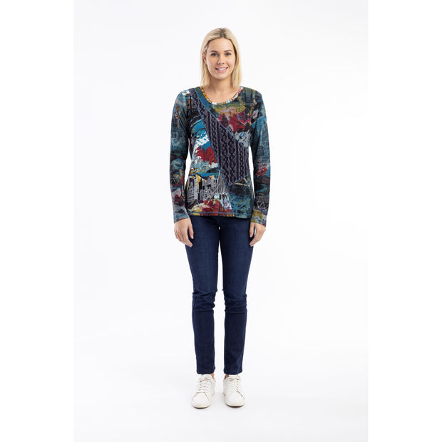 Orientique - New York New York - Round Neck Top In Bold Patch Print (23037)