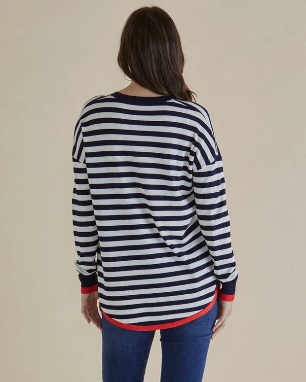 Betty Basics - Sophie- Fine Knit Round Neck Stripe Jumper with Red Edging (BB425)