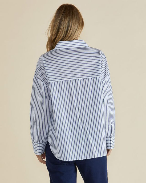 Betty Basics - Artemis - Ladies Blue and Silver Stripe Oversized Cotton Shirt