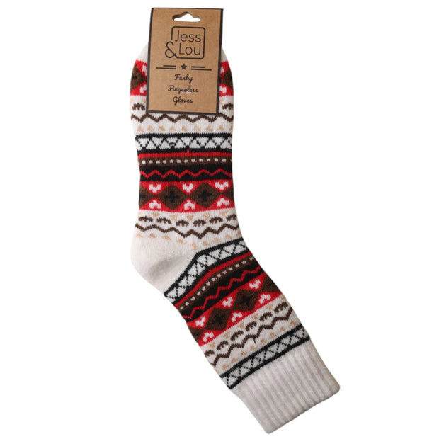 Jess & Lou - Cosy Nordic Pattern Ribbed Cream/Red Socks (SL771)