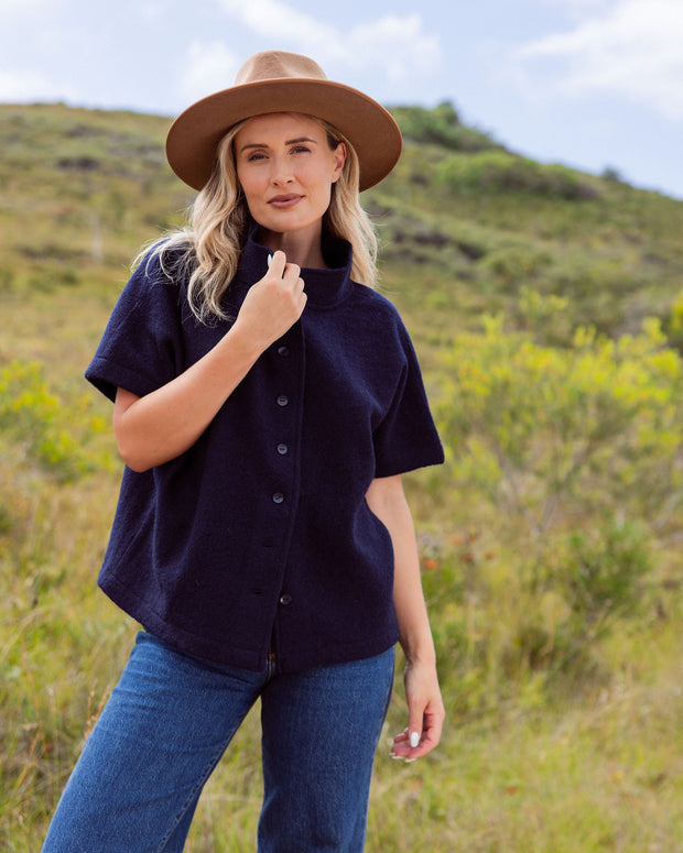 SEE SAW - Button Through Boiled Wool Gilet/Vest in Navy (SS153)