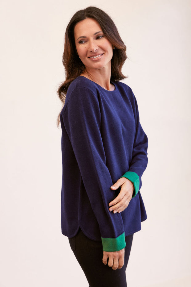 SEE SAW - Round Neck Long Sleeve Jumper In Navy & Green (SS246)