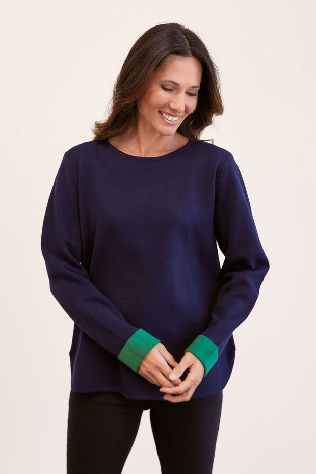 SEE SAW - Round Neck Long Sleeve Jumper In Navy & Green (SS246)
