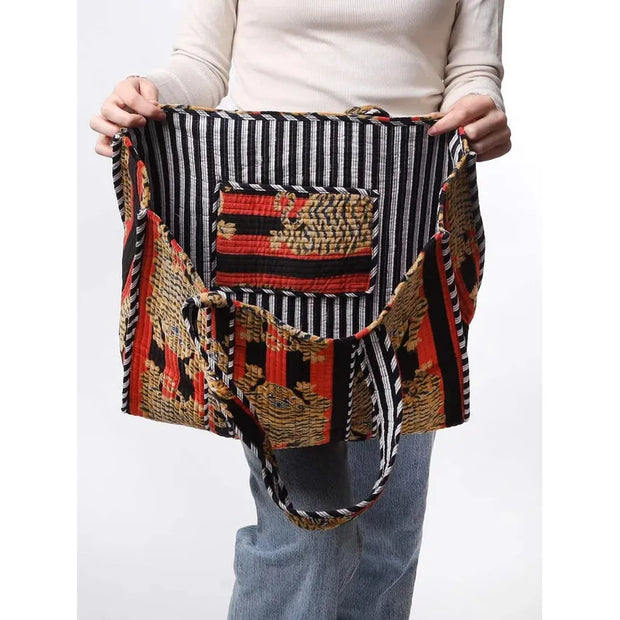 Kris Ana -  Large Tiger Print Tote Bag in Orange/Black Velvet