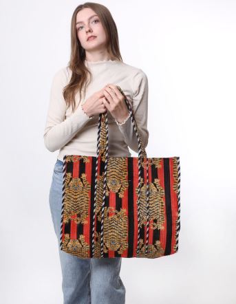 Kris Ana -  Large Tiger Print Tote Bag in Orange/Black Velvet