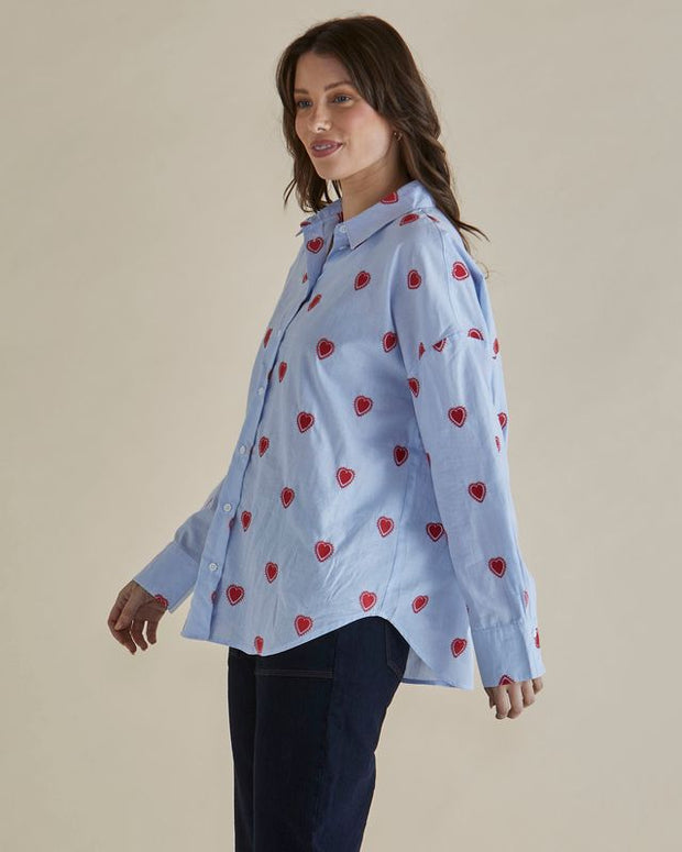 Betty Basics - Sage - Ladies Blue Stripe with Embroidered Red Hearts Cotton Shirt  (BB8384)