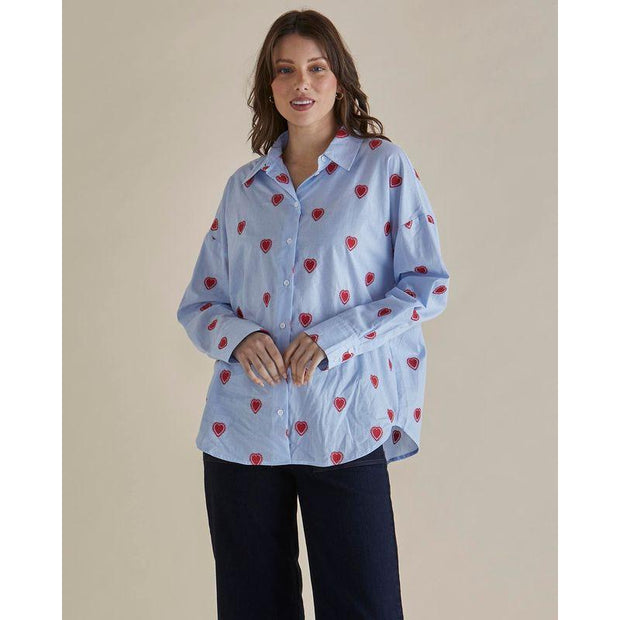 Betty Basics - Sage - Ladies Blue Stripe with Embroidered Red Hearts Cotton Shirt  (BB8384)