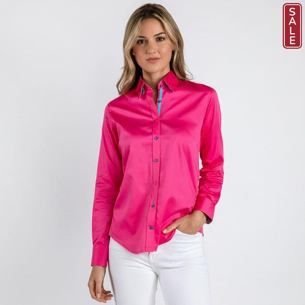 Claudio Lugli - Ladies Cotton Shirt - Plain Fuschia with Houndstooth Print Cuff (CLW2155)