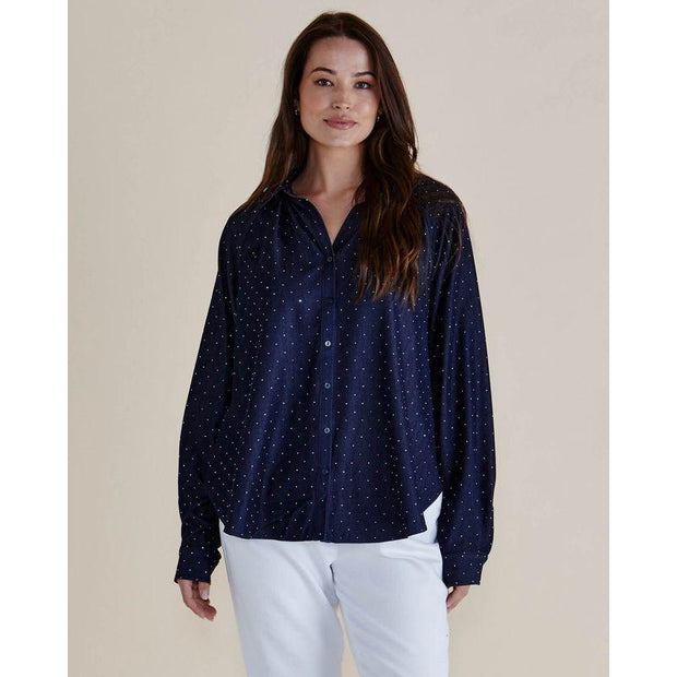 Betty Basics - Lizza - Ladies Dark Blue Shirt With Diamante Embellishments (BB8418)