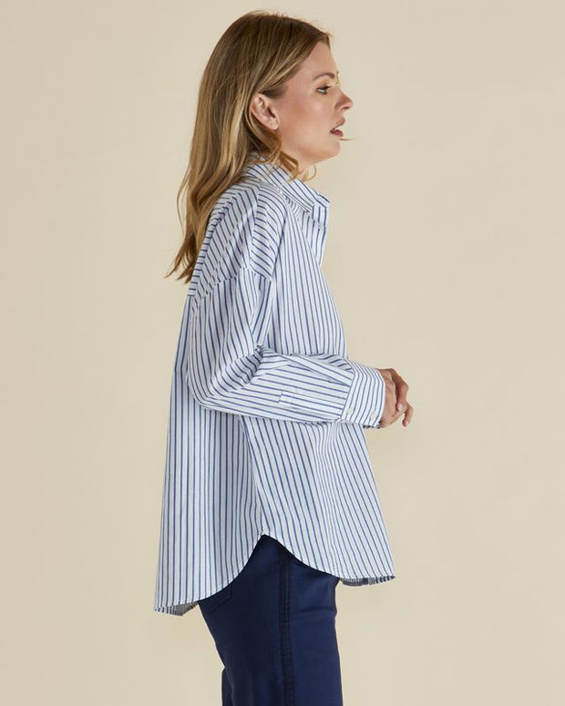 Betty Basics - Artemis - Ladies Blue and Silver Stripe Oversized Cotton Shirt