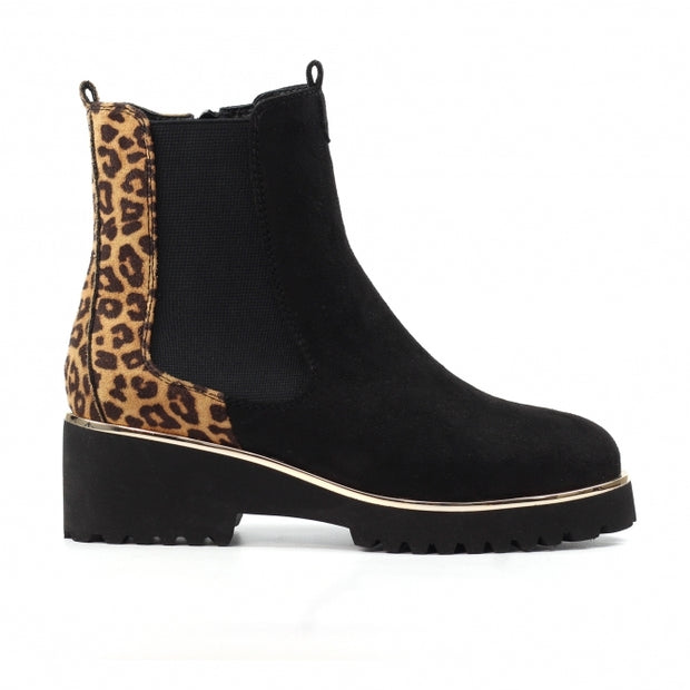 Lunar Shoes - Nakita - Faux Suede Black and Animal Print Ankle Boot (GLB218)