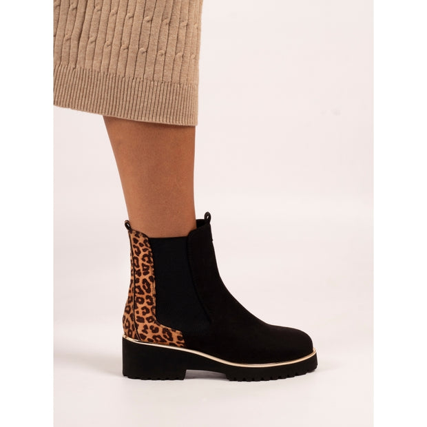 Lunar Shoes - Nakita - Faux Suede Black and Animal Print Ankle Boot (GLB218)