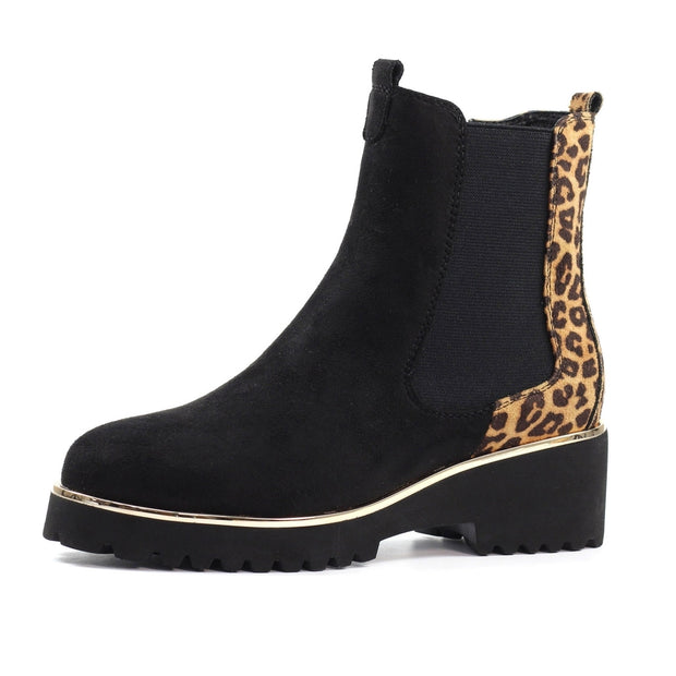 Lunar Shoes - Nakita - Faux Suede Black and Animal Print Ankle Boot (GLB218)