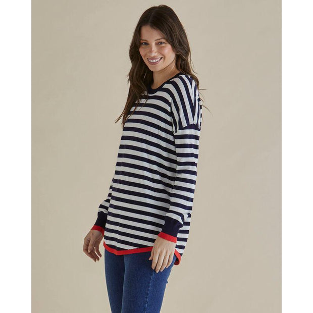 Betty Basics - Sophie- Fine Knit Round Neck Stripe Jumper with Red Edging (BB425)