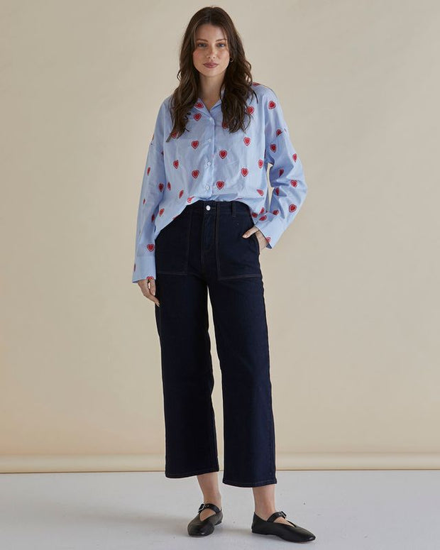 Betty Basics - Sage - Ladies Blue Stripe with Embroidered Red Hearts Cotton Shirt  (BB8384)