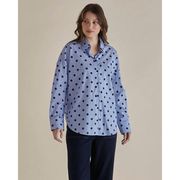 Betty Basics - Ladies Blue Stripe with Navy Spots Cotton Shirt