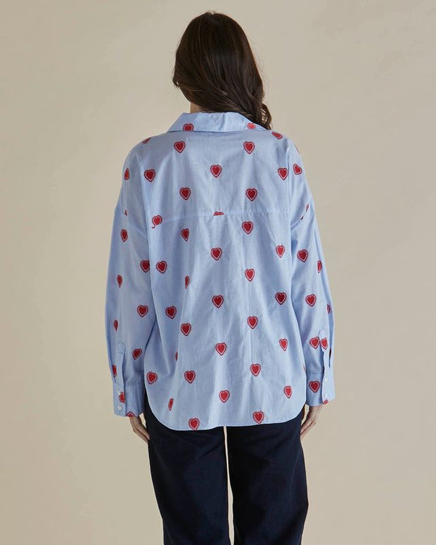 Betty Basics - Sage - Ladies Blue Stripe with Embroidered Red Hearts Cotton Shirt  (BB8384)