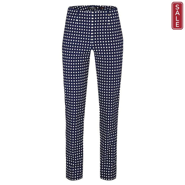 Robell – Marie - Straight Leg Full Length Navy Trousers with a White Square Design