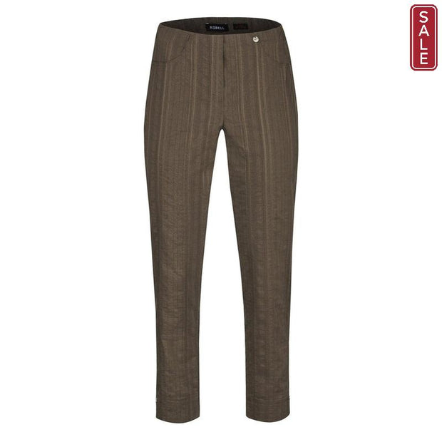 Robell – Bella 09 - Light Weight Cropped Trouser in Striped Seersucker Dark Taupe