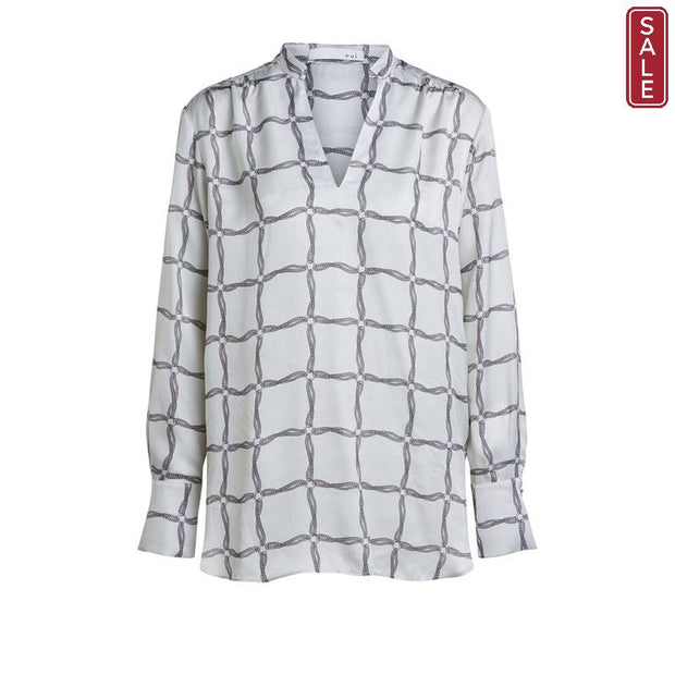 Oui -  Long Sleeve V Neck Tunic Top with Small Mandarin Collar