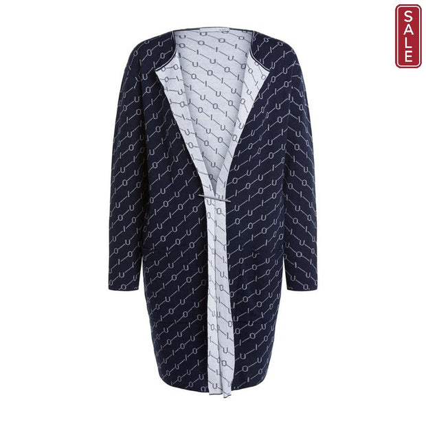 Oui -  Long Soft Cotton Knit Cardigan in Navy and White