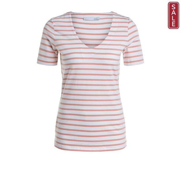 Oui -  Short Sleeve V Neck Striped Cotton Tee Shirt (2 Colours)